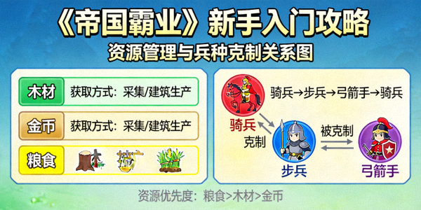 《帝国霸业》新手入门攻略图解，资源管理与兵种克制关系图